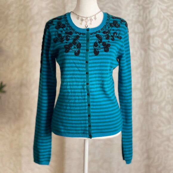 NWOT ONG Blue Striped Cashmere Beaded Cardigan Sleaze Academia Retro Size M - Picture 1 of 8